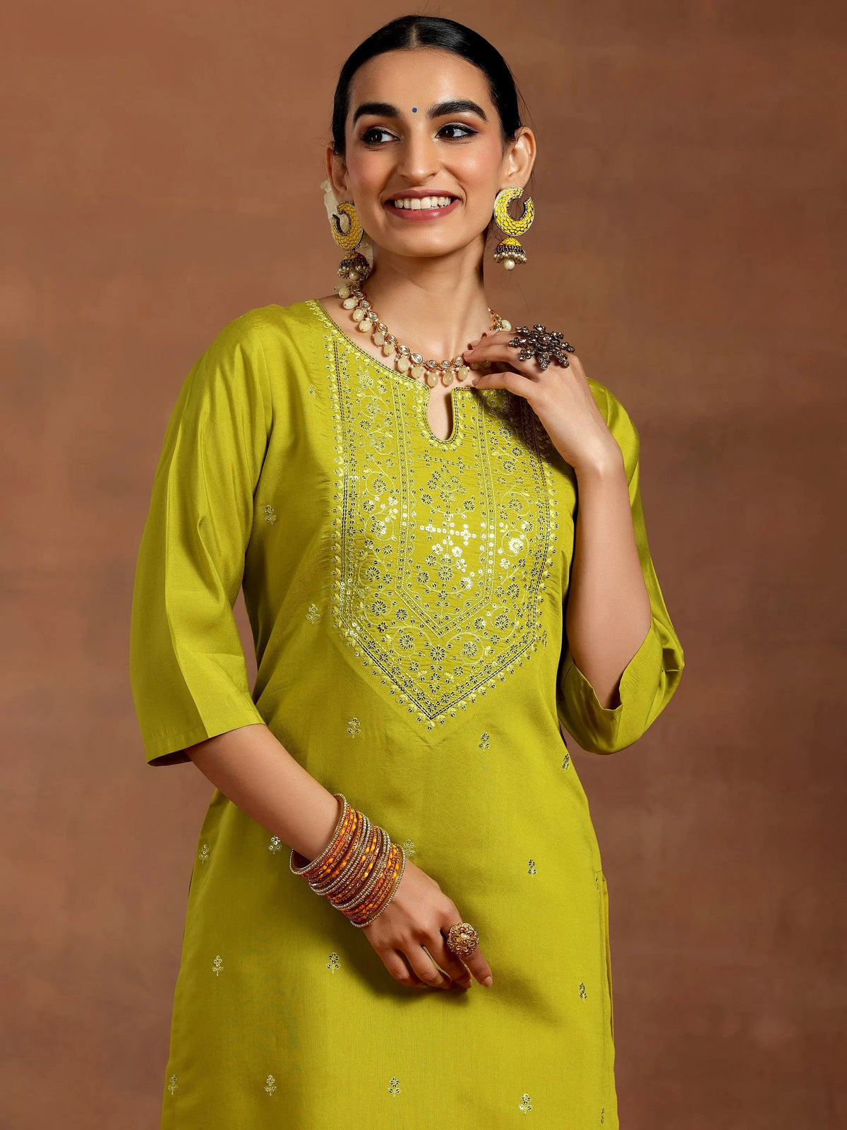 Gerua Lime Green Embroidered Silk Blend Straight Kurta Set
