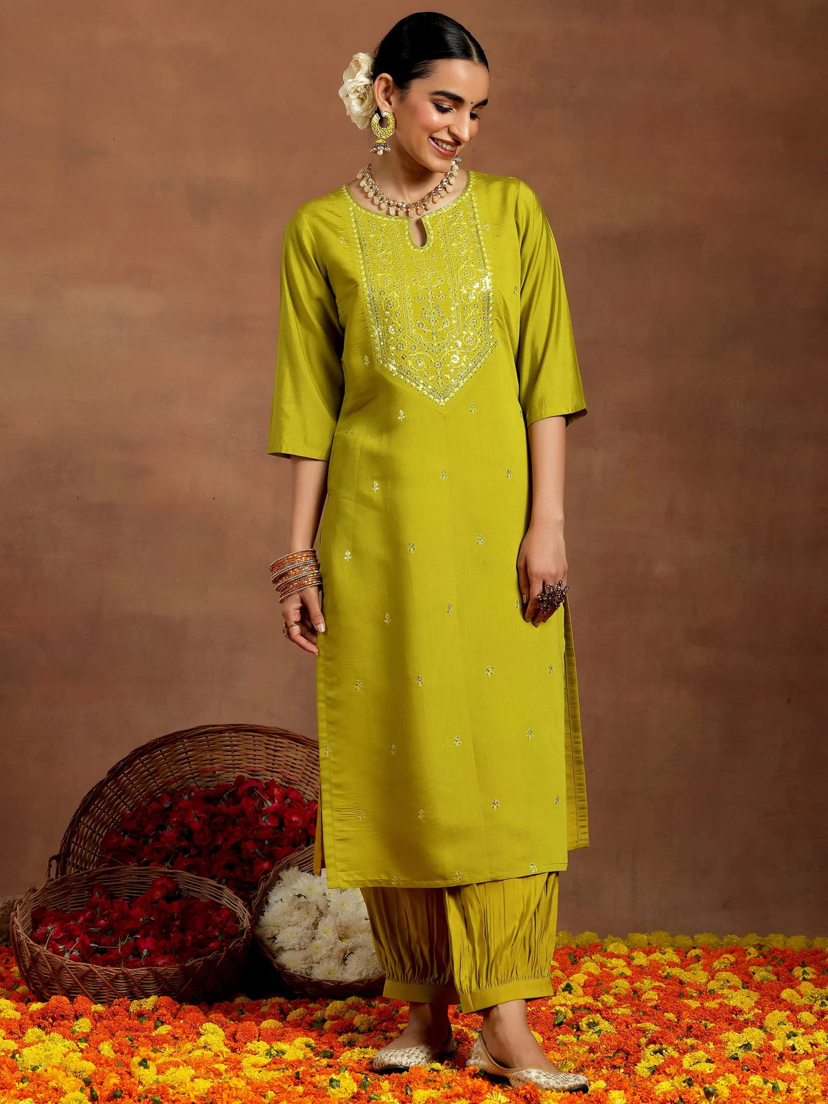 Gerua Lime Green Embroidered Silk Blend Straight Kurta Set