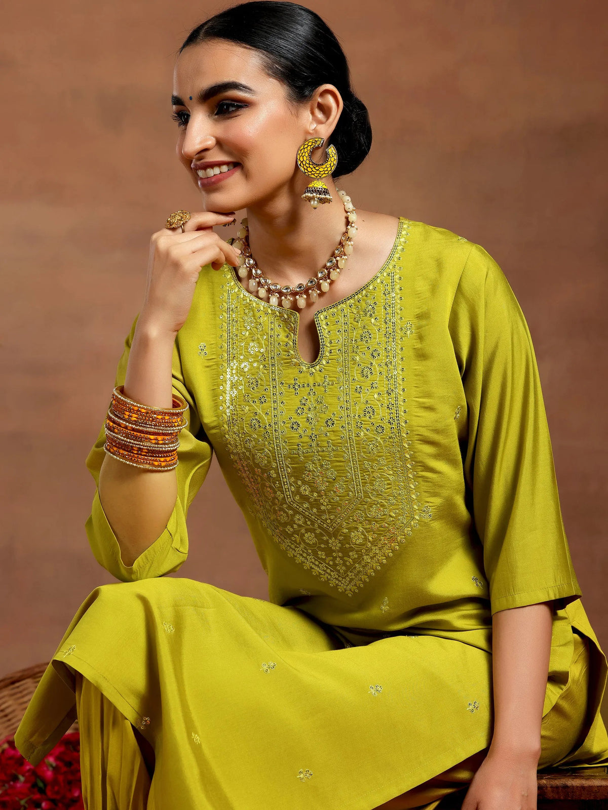Gerua Lime Green Embroidered Silk Blend Straight Kurta Set