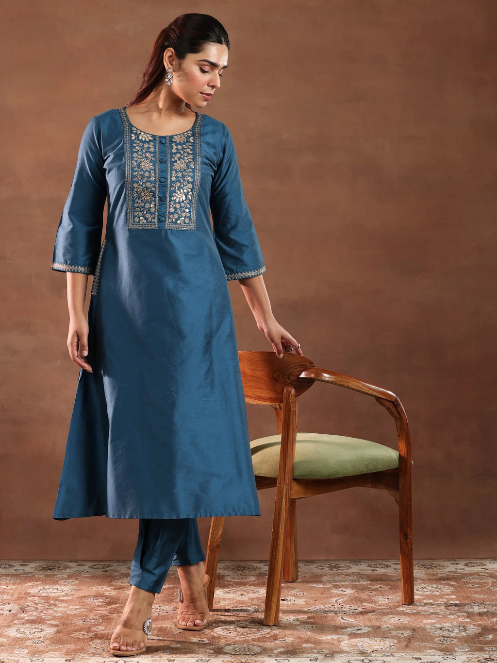 Gerua Blue Yoke Design Silk Blend A-Line Kurta With Trousers