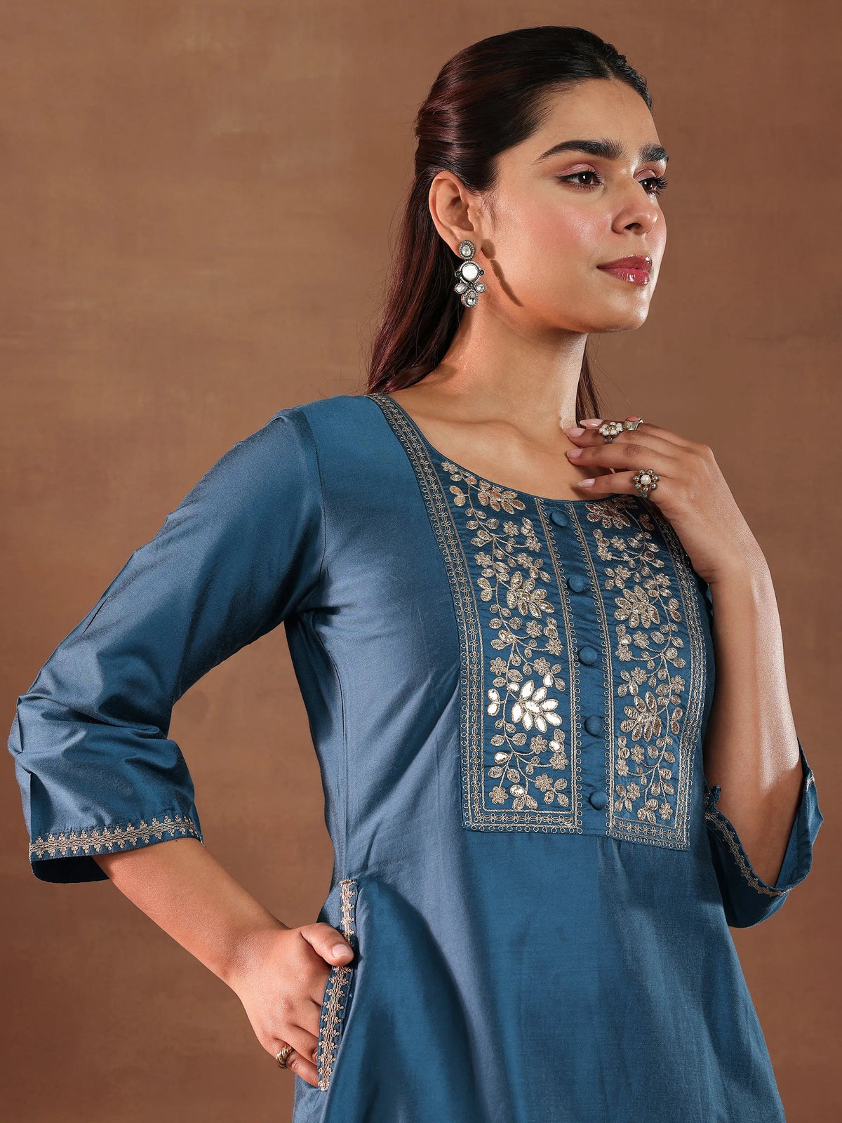 Gerua Blue Yoke Design Silk Blend A-Line Kurta With Trousers