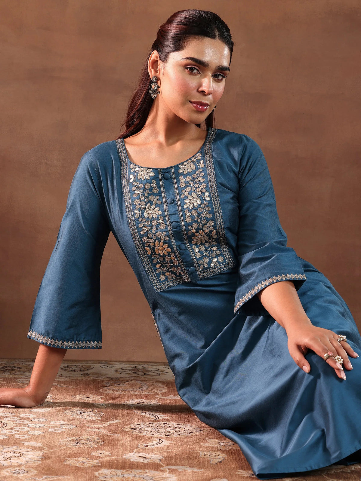 Gerua Blue Yoke Design Silk Blend A-Line Kurta With Trousers