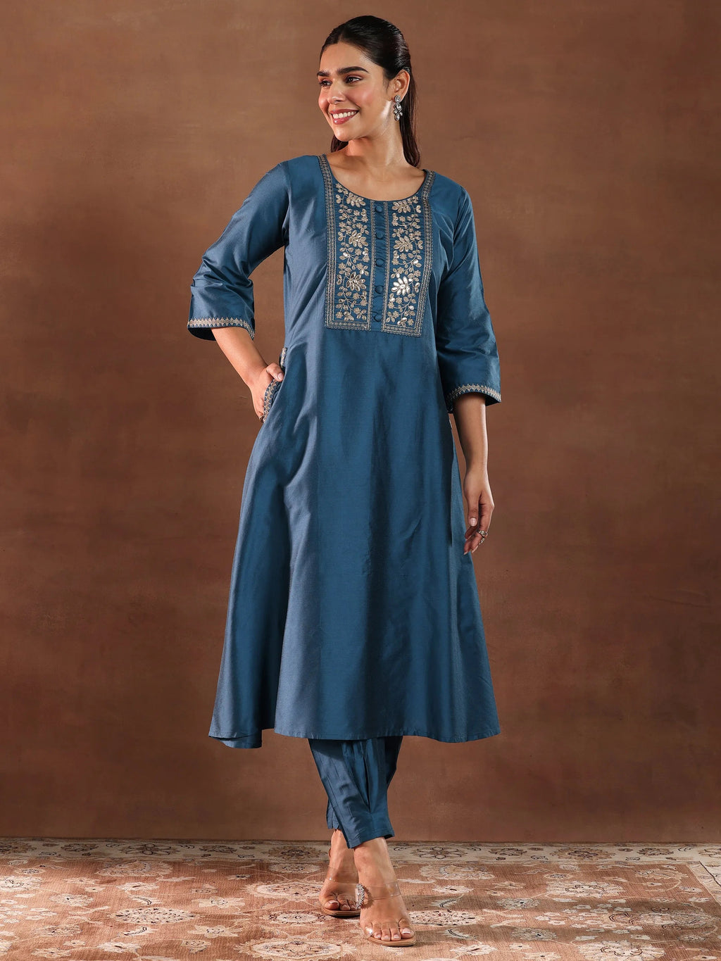 Gerua Blue Yoke Design Silk Blend A-Line Kurta With Trousers