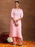 Gerua Pink Embroidered Silk Blend Straight Kurta Set