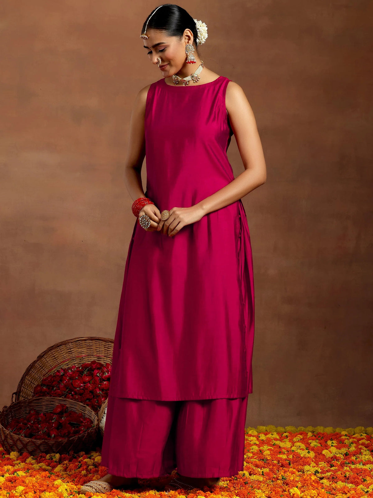 Gerua Pink Solid Silk Blend Straight Suit With Dupatta