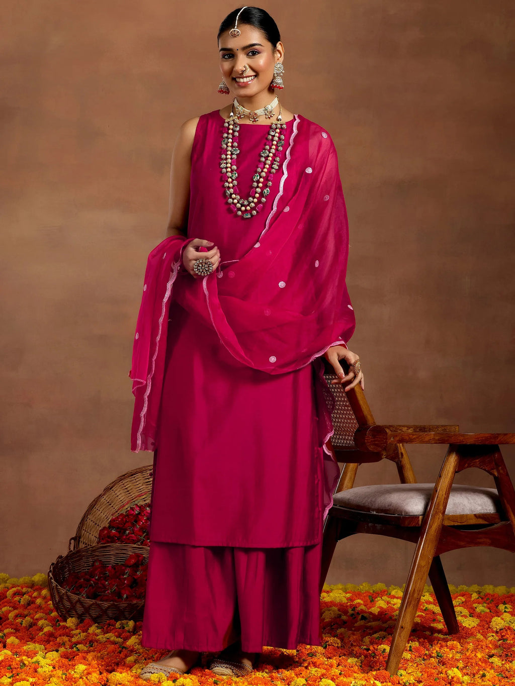 Gerua Pink Solid Silk Blend Straight Suit With Dupatta