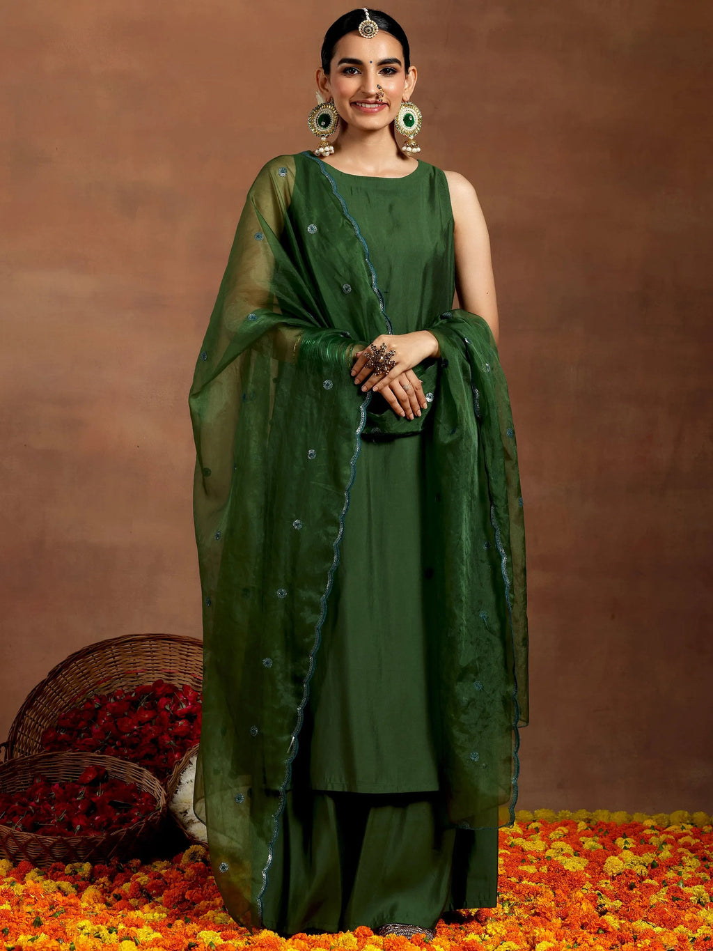 Gerua Green Solid Silk Blend Straight Suit With Dupatta
