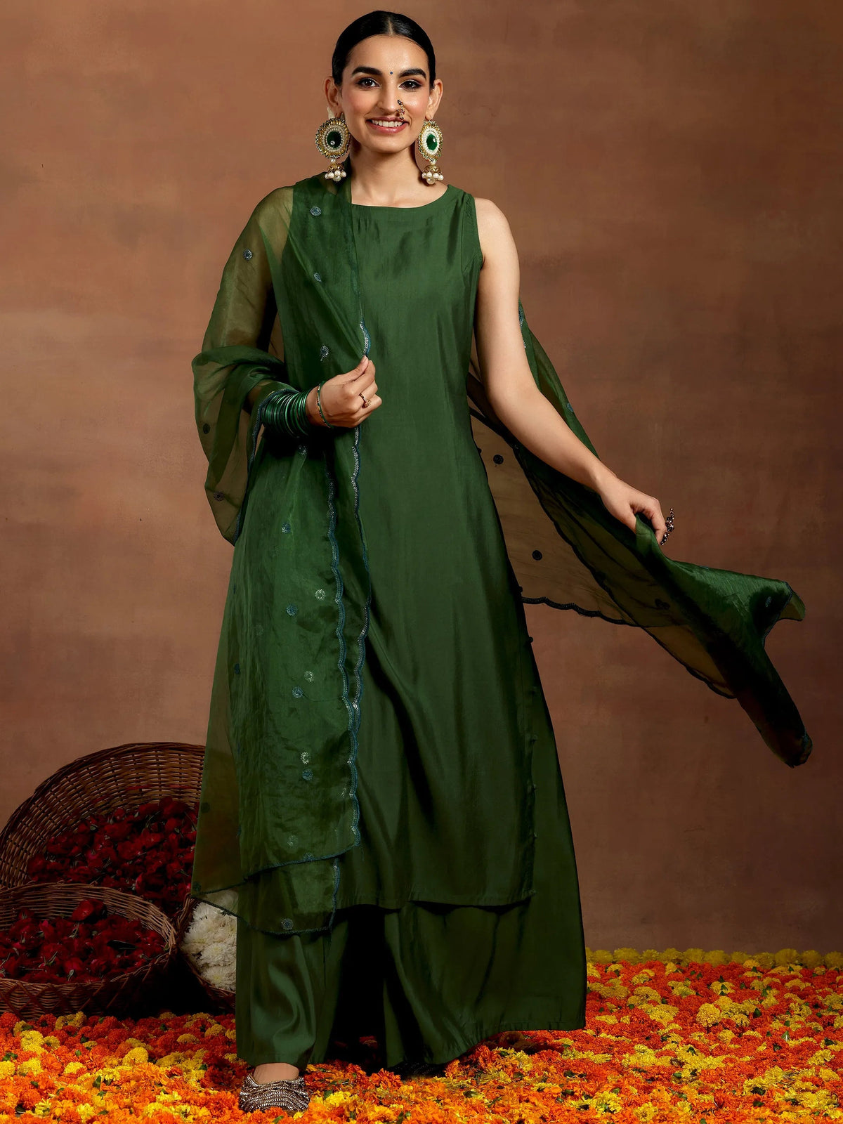 Gerua Green Solid Silk Blend Straight Suit With Dupatta