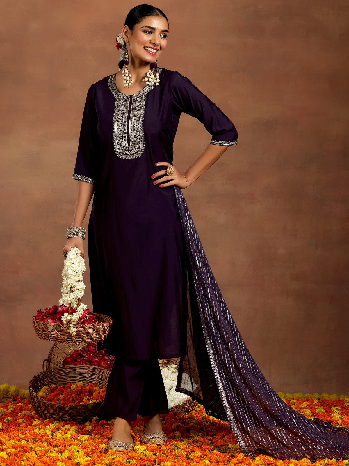 Gerua Purple Yoke Design Silk Blend Straight Suit With Dupatta