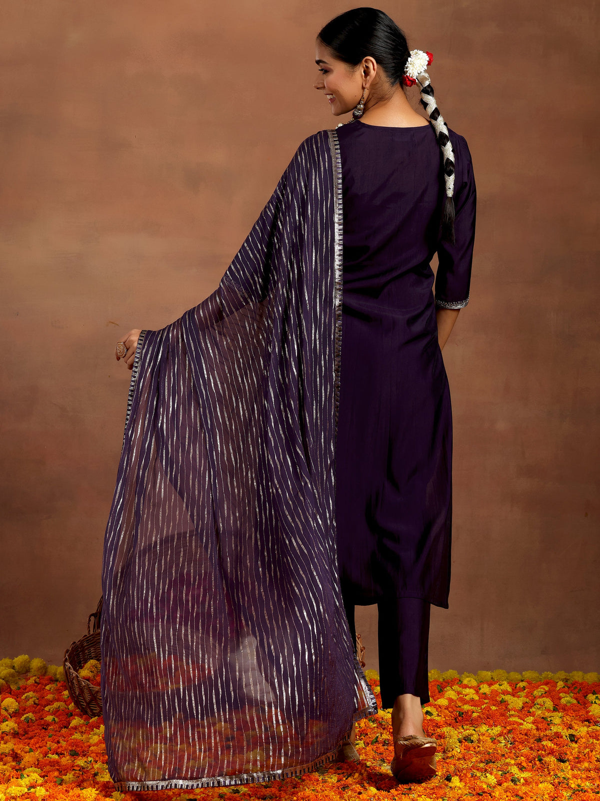 Gerua Purple Yoke Design Silk Blend Straight Suit With Dupatta