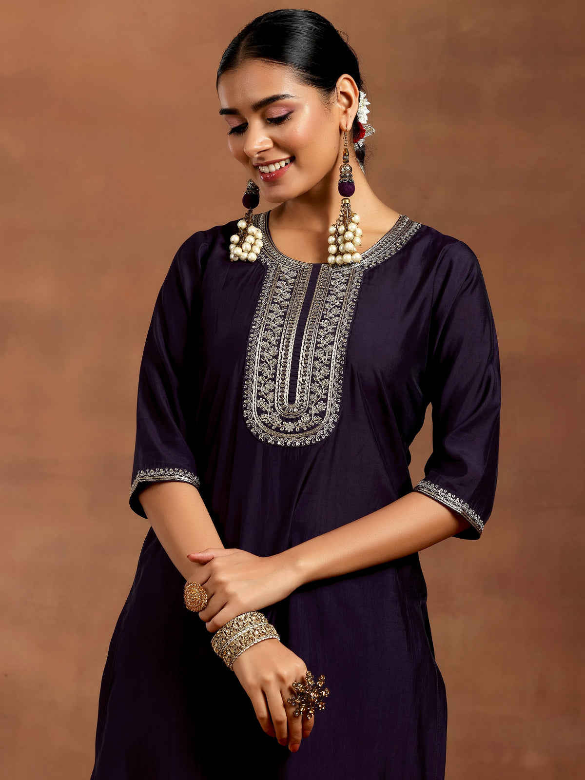 Gerua Purple Yoke Design Silk Blend Straight Suit With Dupatta