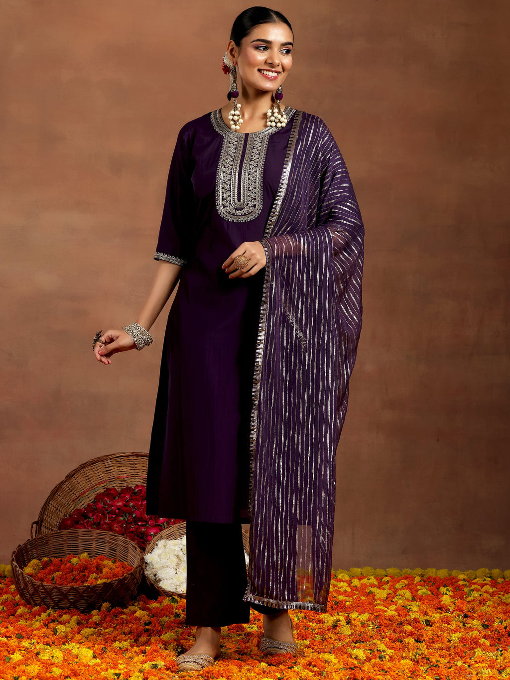 Gerua Purple Yoke Design Silk Blend Straight Suit With Dupatta