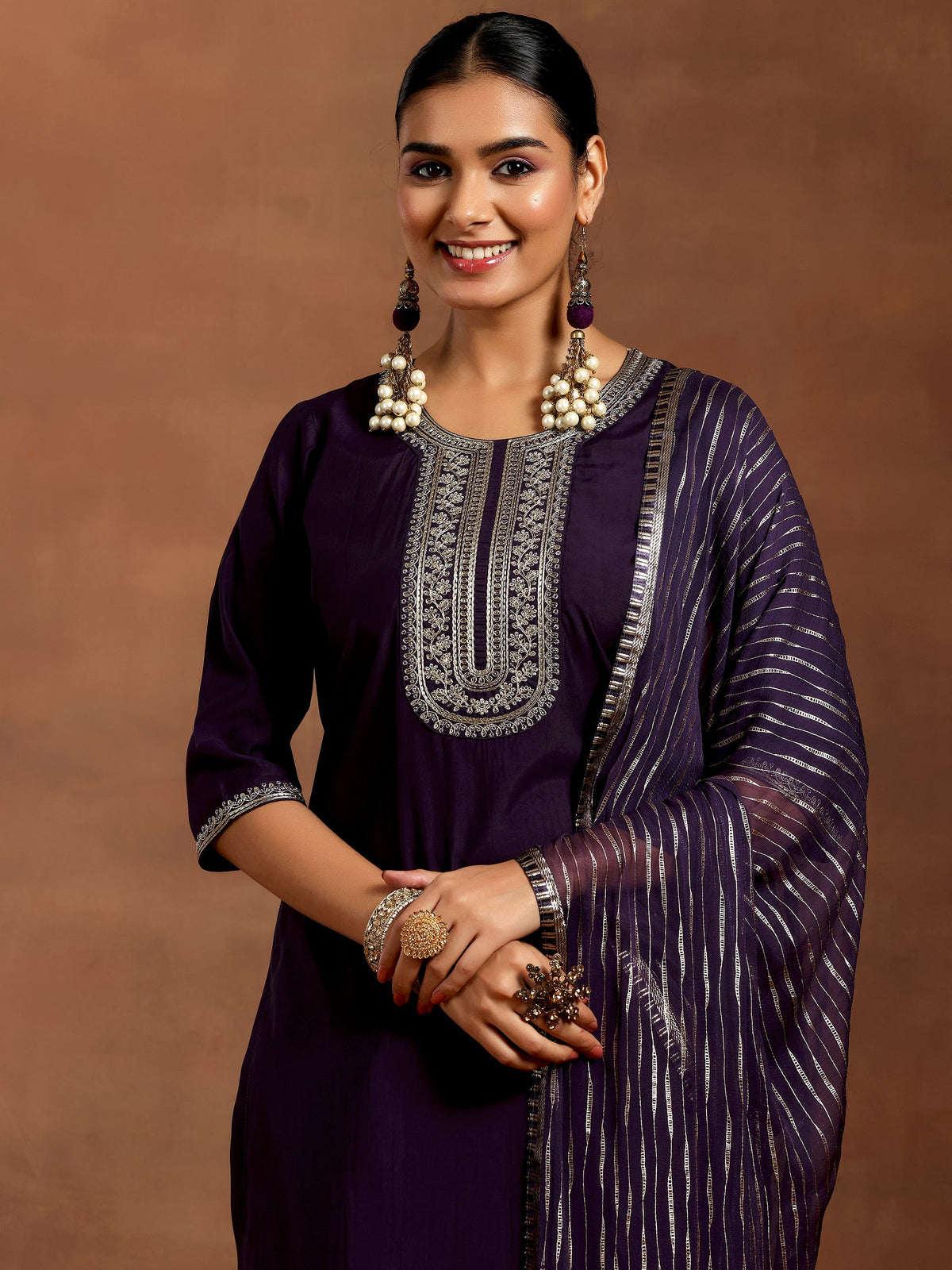 Gerua Purple Yoke Design Silk Blend Straight Suit With Dupatta