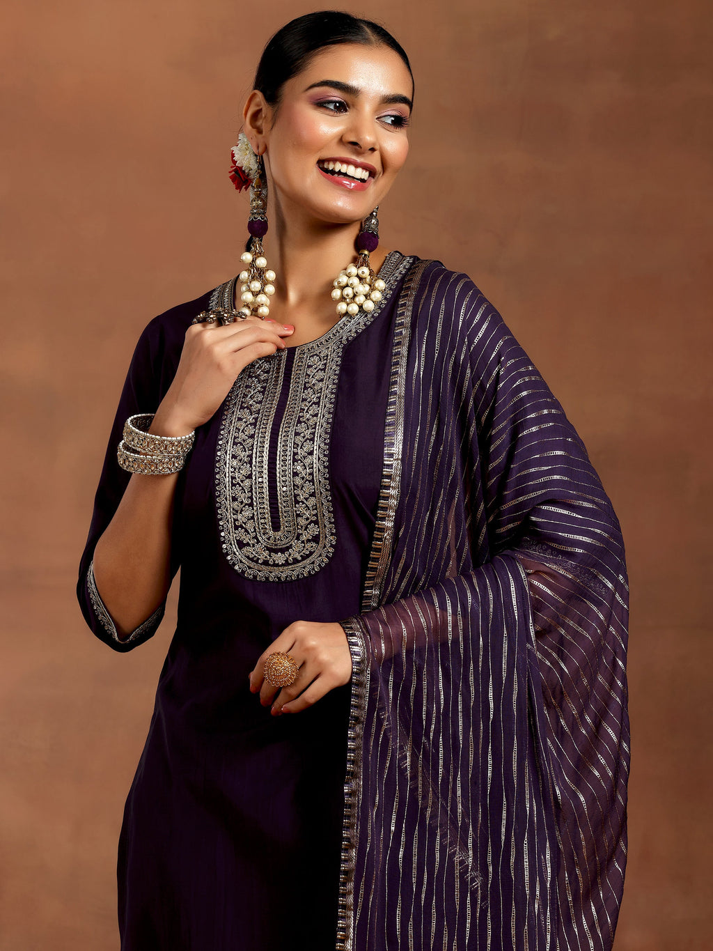 Gerua Purple Yoke Design Silk Blend Straight Suit With Dupatta