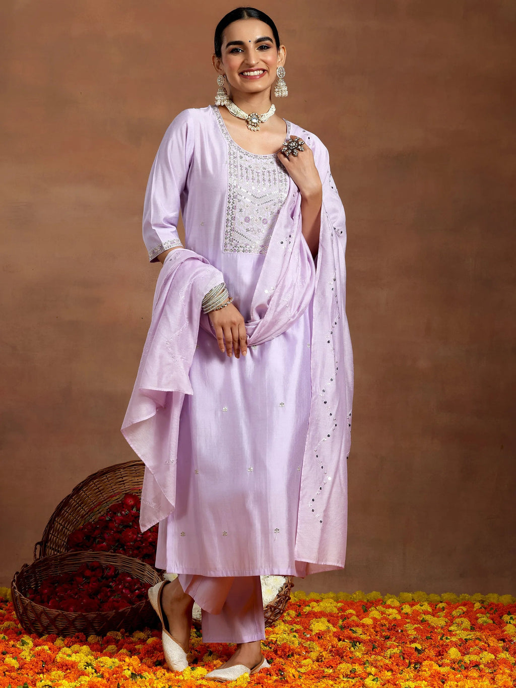 Gerua Lavender Yoke Design Silk Blend Straight Suit With Dupatta