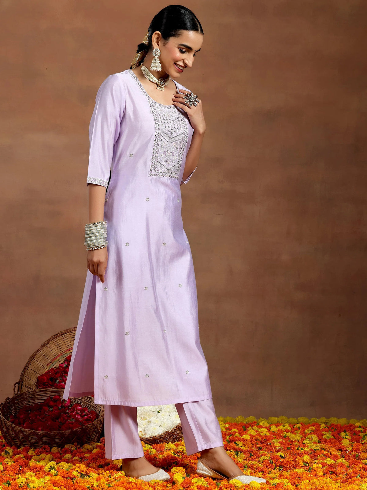 Gerua Lavender Yoke Design Silk Blend Straight Suit With Dupatta