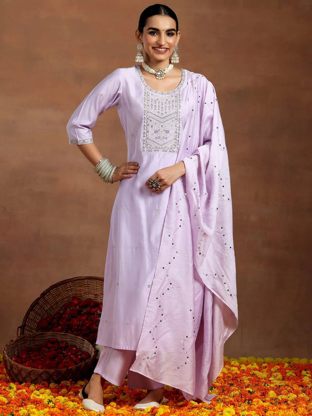 Gerua Lavender Yoke Design Silk Blend Straight Suit With Dupatta