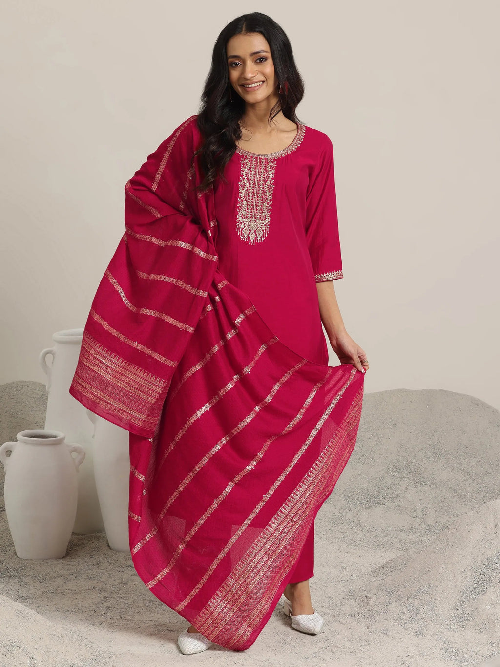 Gerua Red Yoke Design Silk Blend Straight Suit With Dupatta
