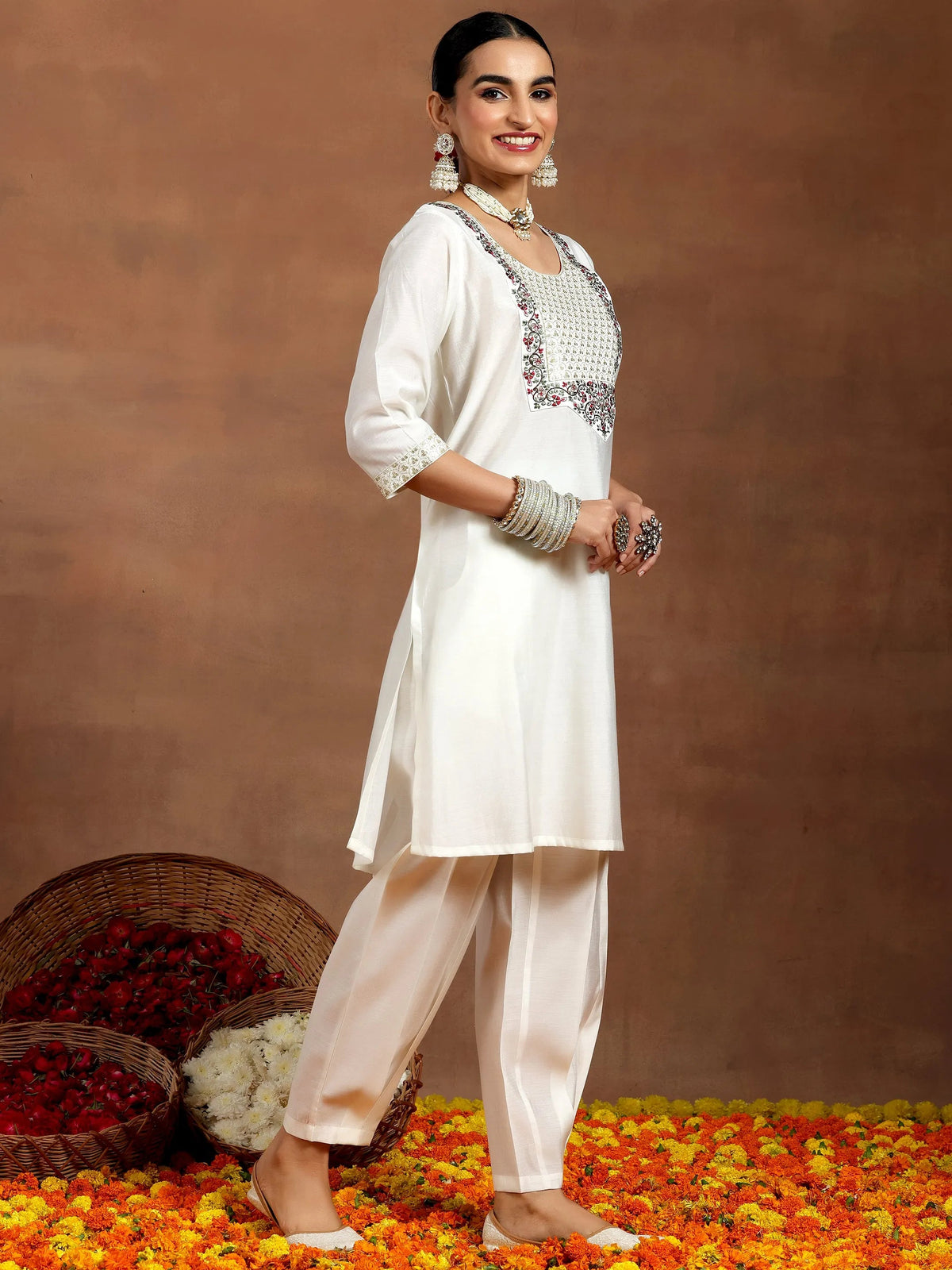 Gerua White Yoke Design Silk Blend Straight Suit With Dupatta