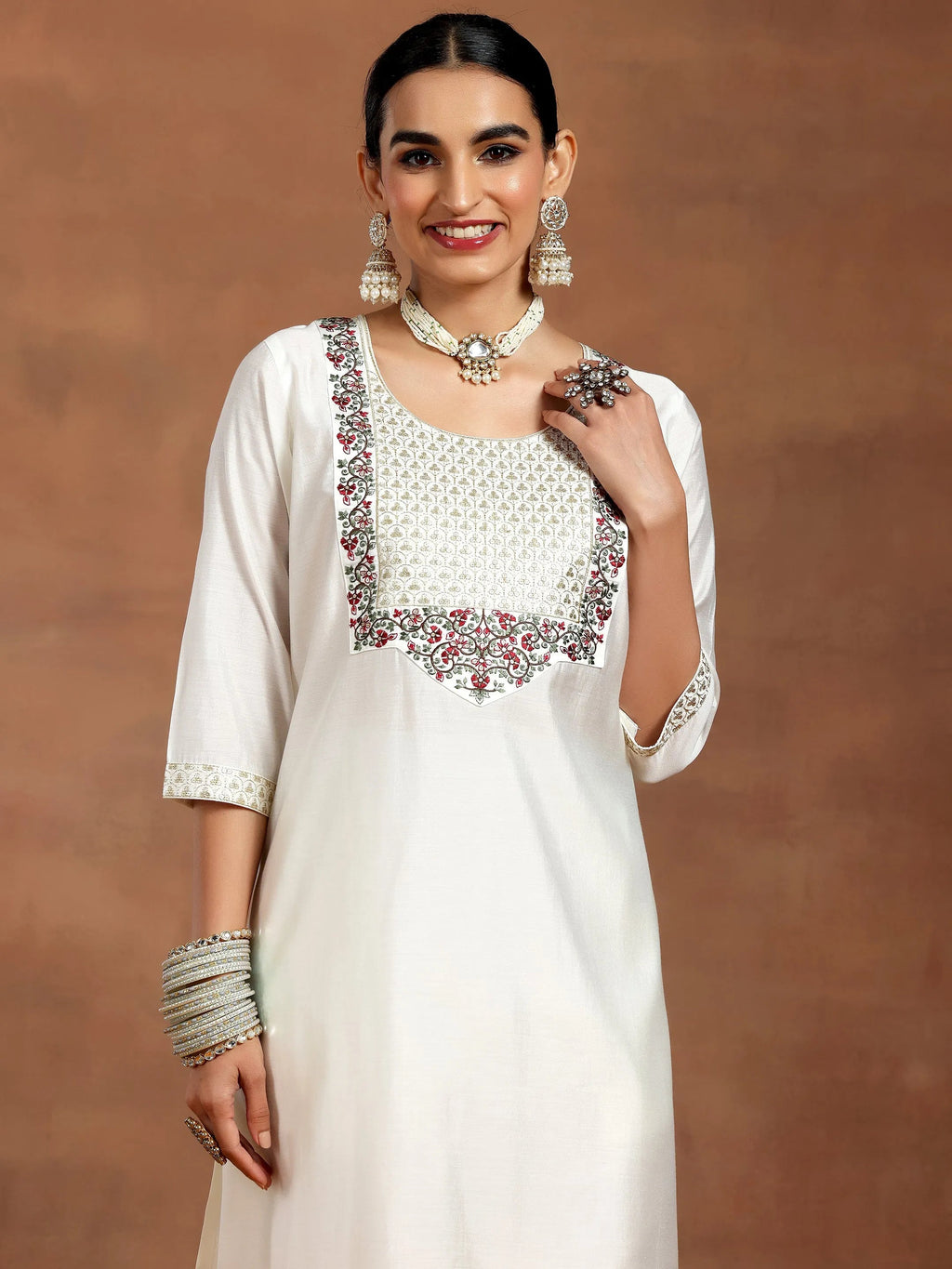 Gerua White Yoke Design Silk Blend Straight Suit With Dupatta