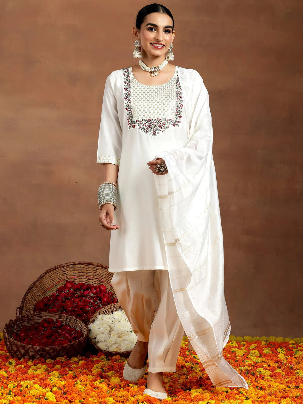 Gerua White Yoke Design Silk Blend Straight Suit With Dupatta