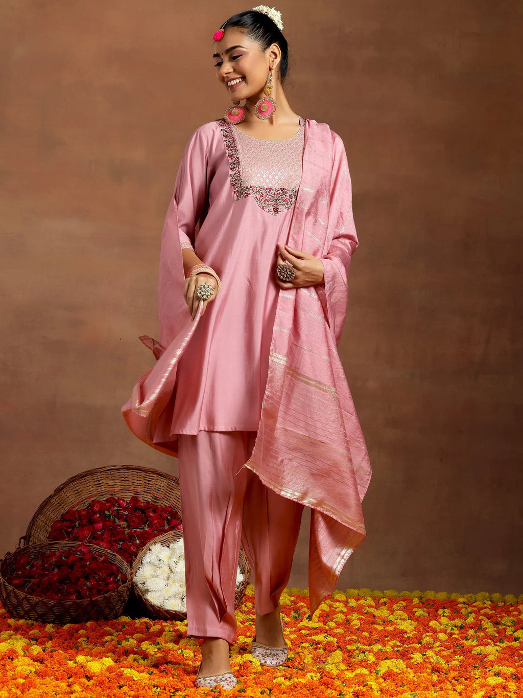 Gerua Pink Yoke Design Silk Blend Straight Suit With Dupatta
