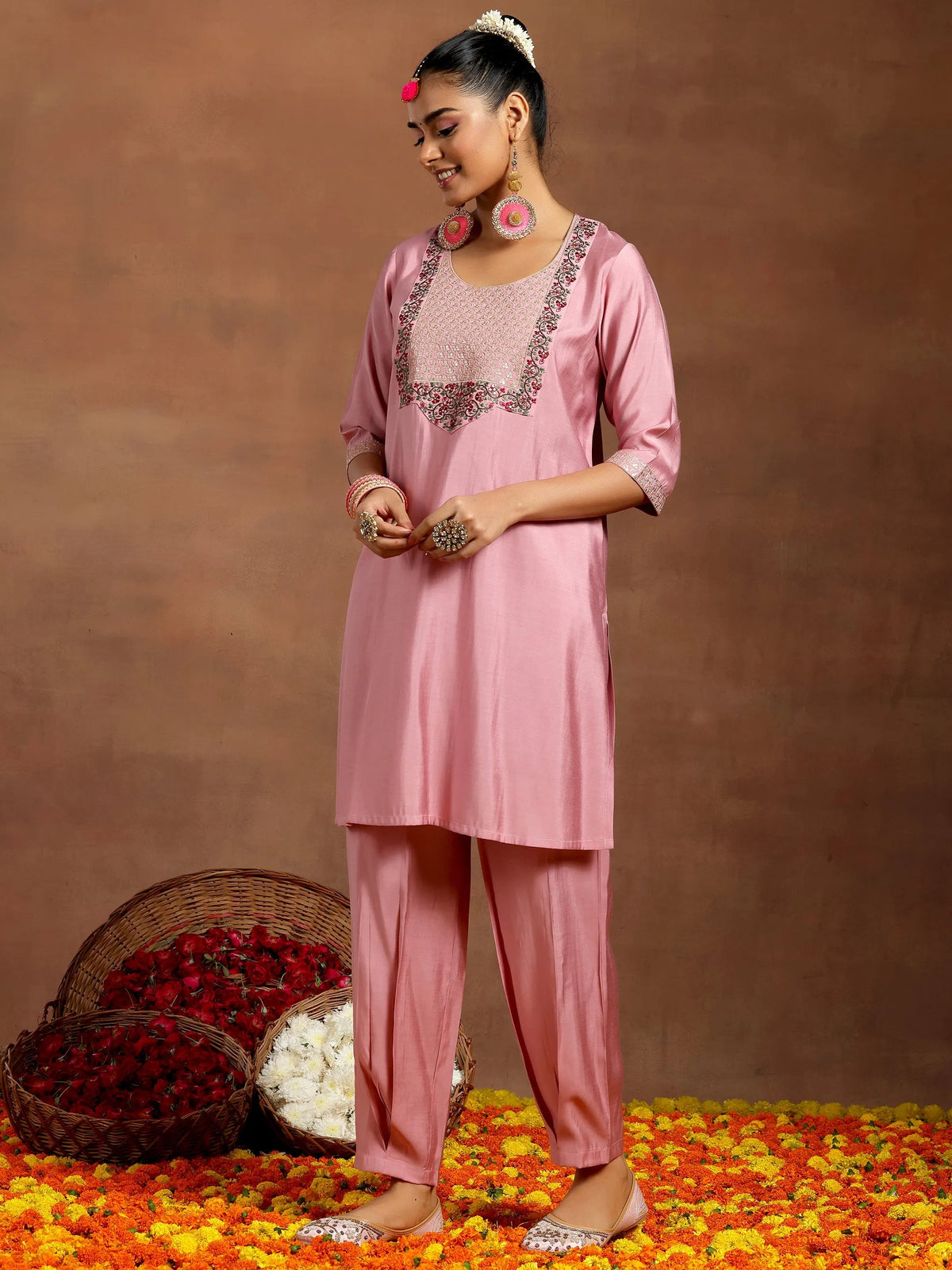 Gerua Pink Yoke Design Silk Blend Straight Suit With Dupatta
