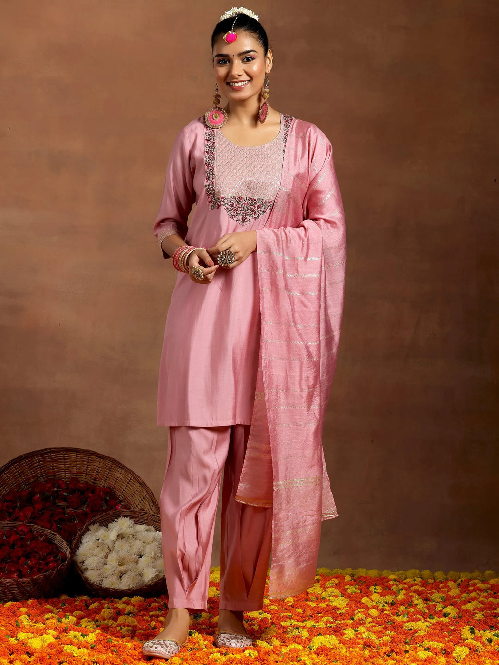 Gerua Pink Yoke Design Silk Blend Straight Suit With Dupatta