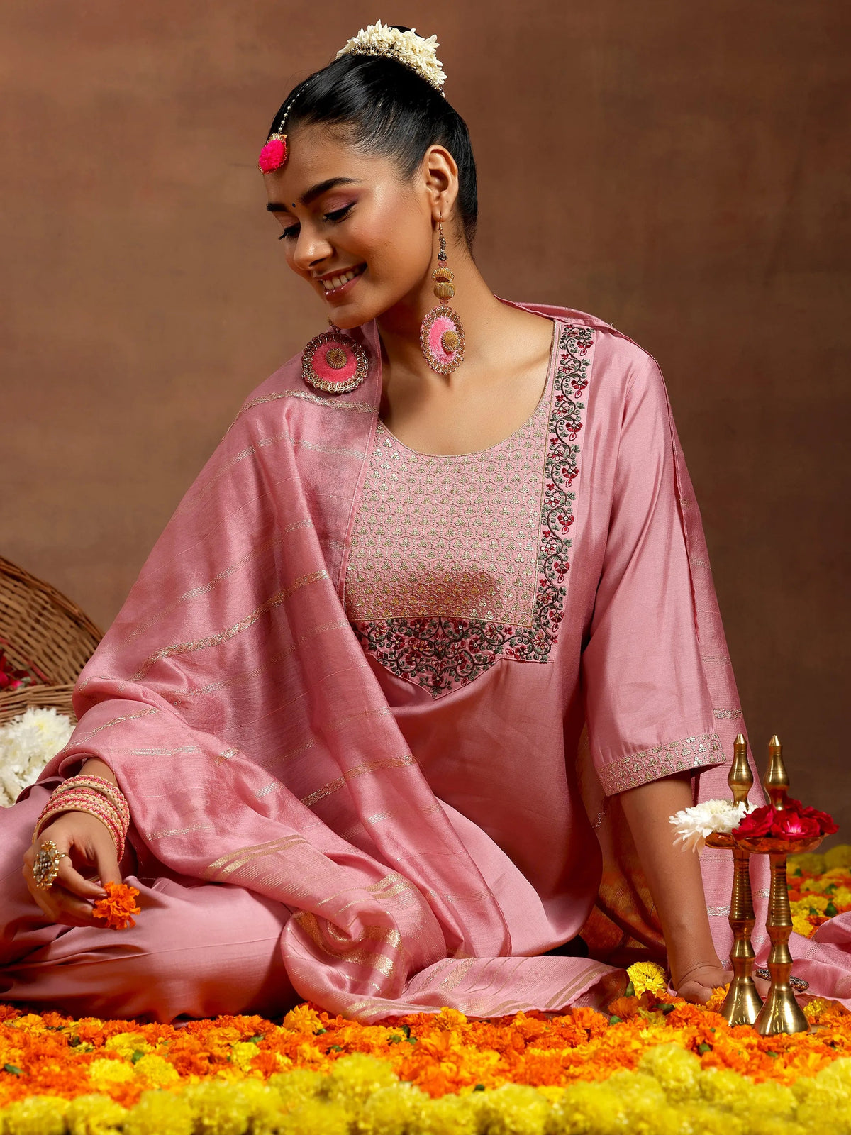 Gerua Pink Yoke Design Silk Blend Straight Suit With Dupatta
