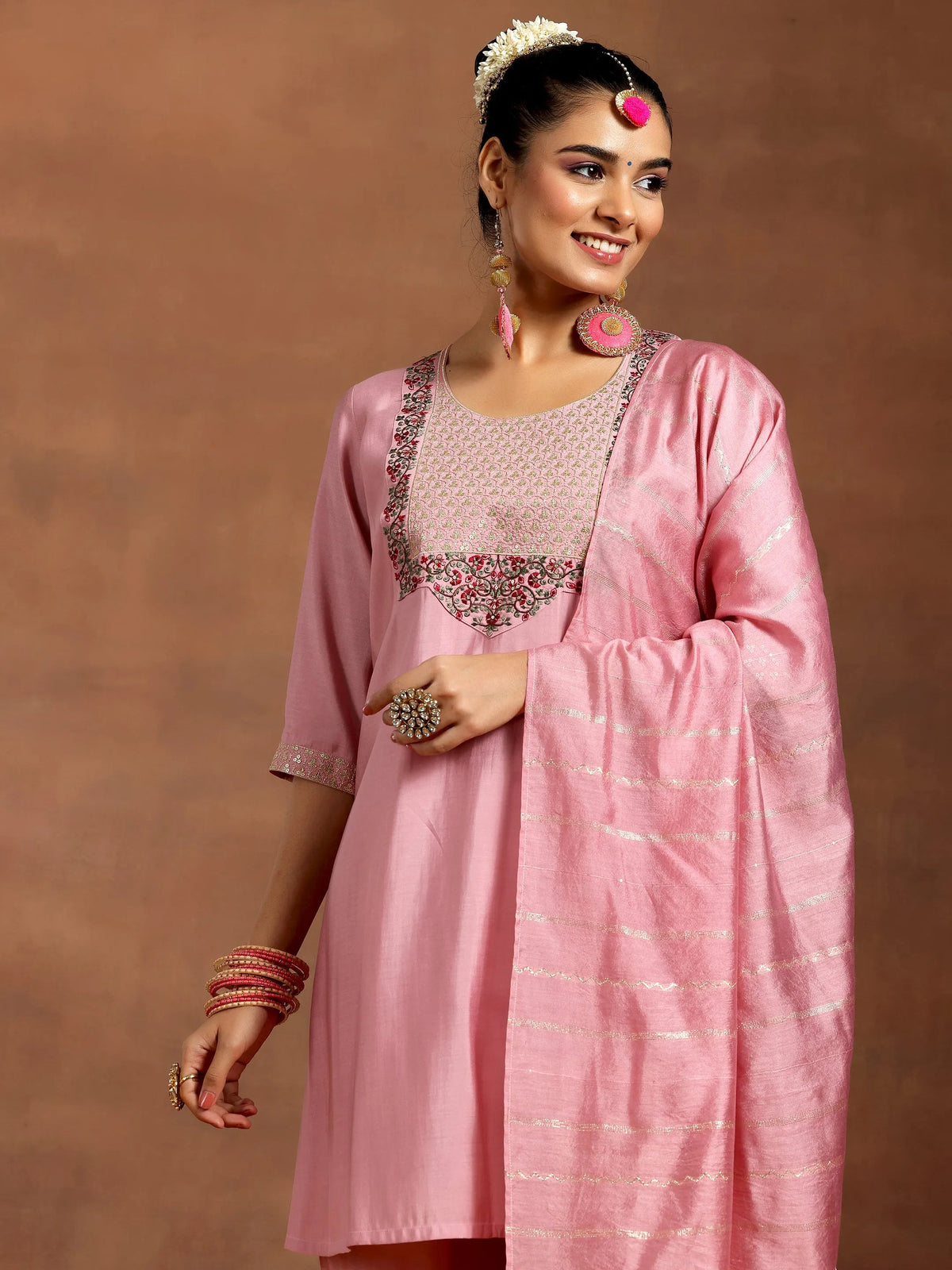 Gerua Pink Yoke Design Silk Blend Straight Suit With Dupatta
