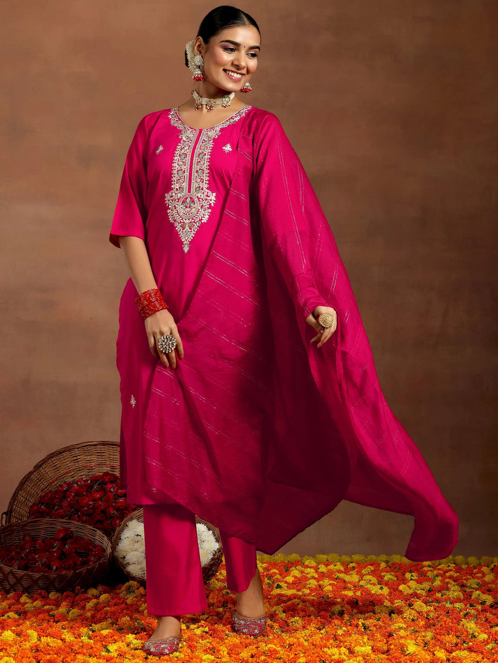 Gerua Pink Yoke Design Silk Blend Straight Suit With Dupatta