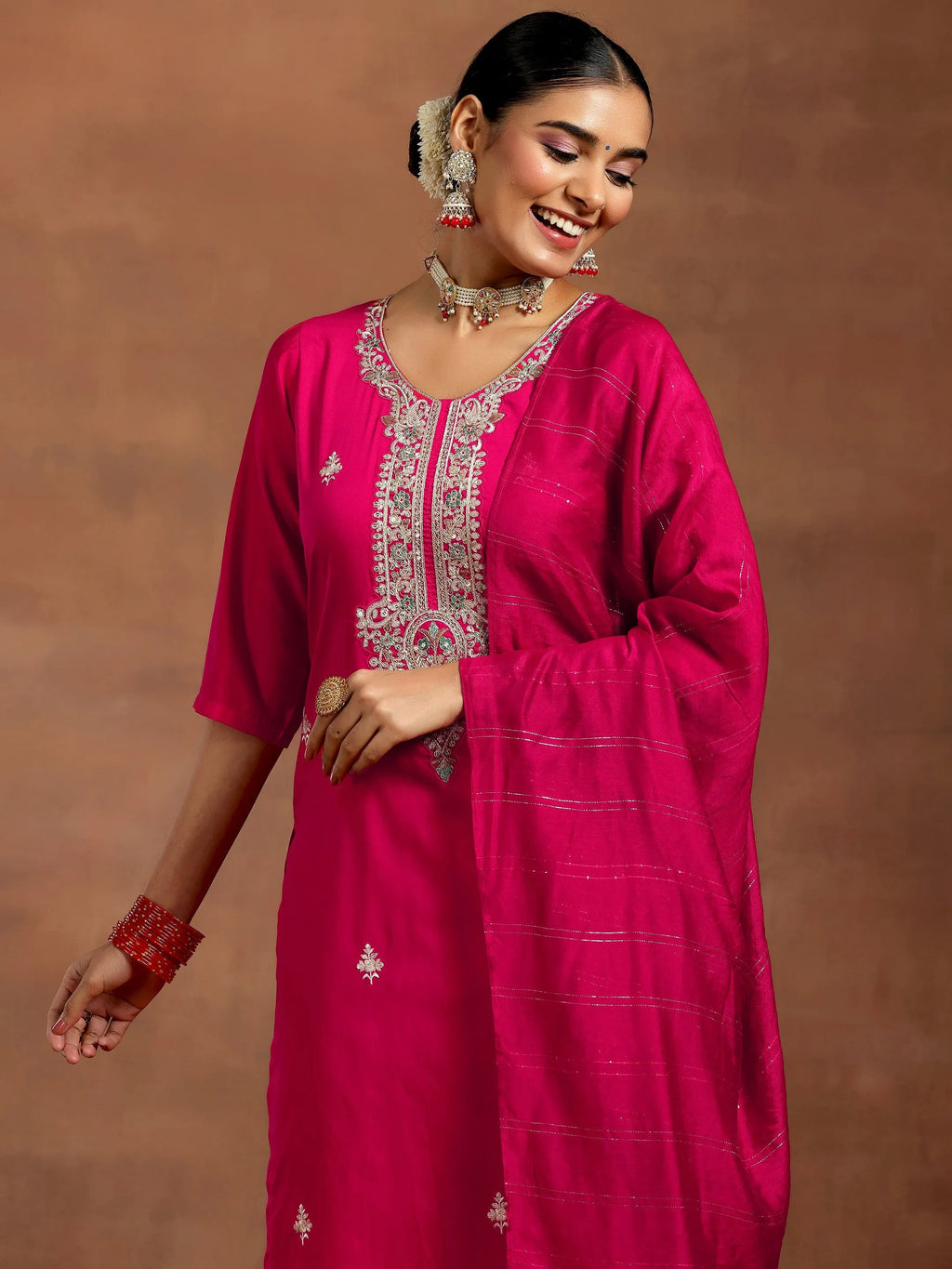 Gerua Pink Yoke Design Silk Blend Straight Suit With Dupatta