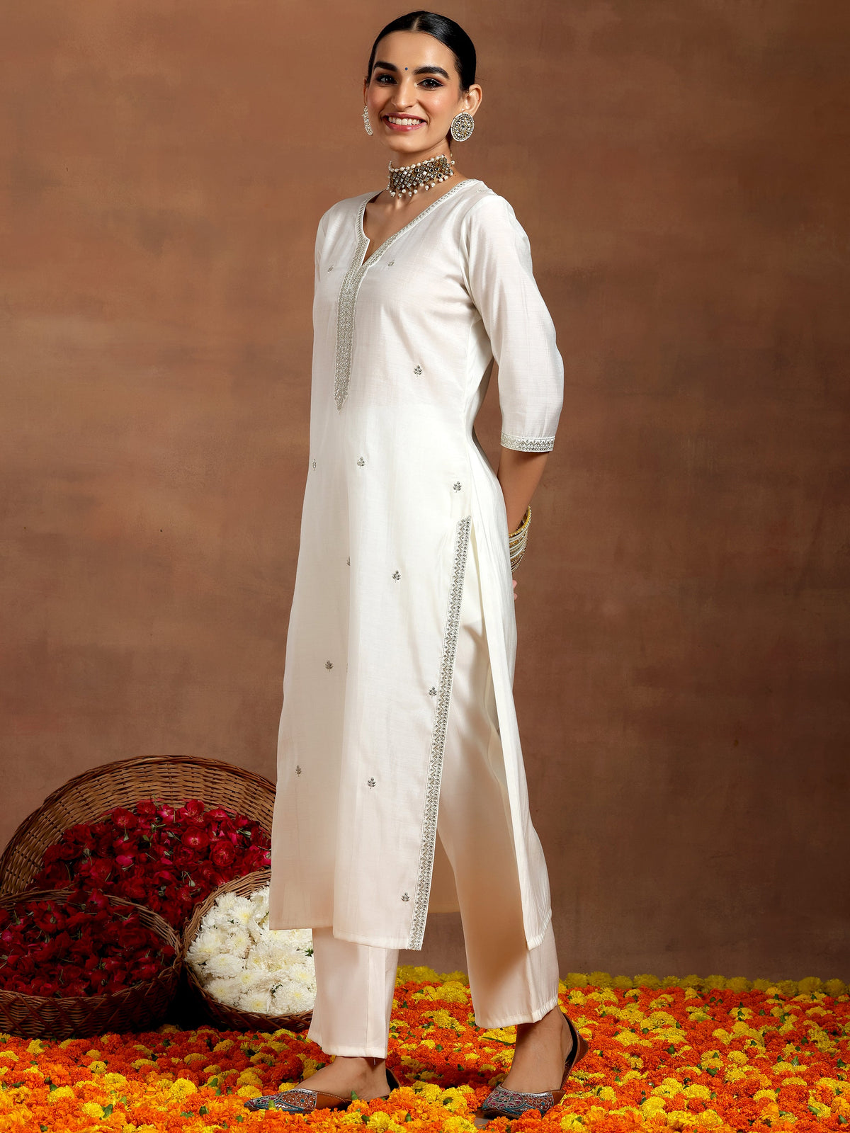 Gerua White Embroidered Silk Blend Straight Suit With Dupatta