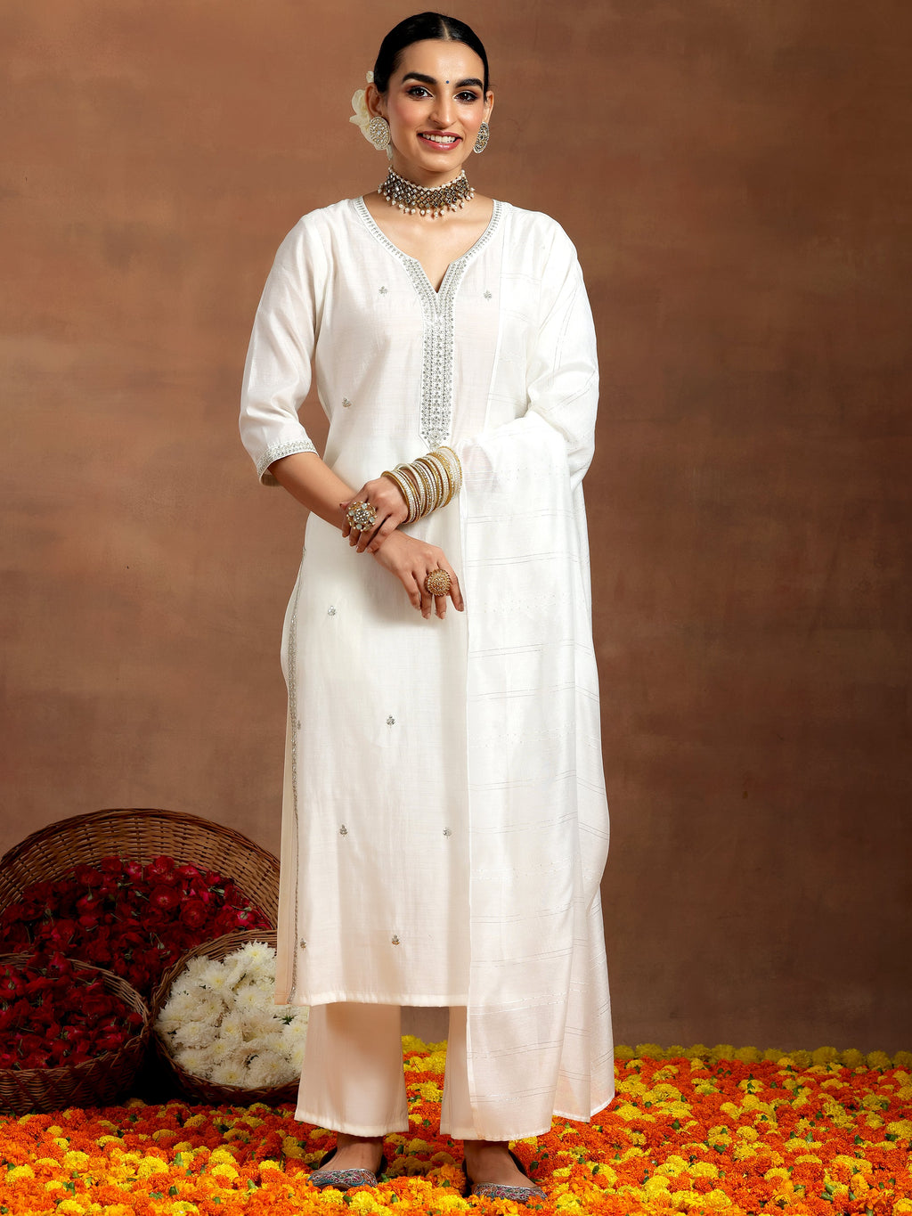 Gerua White Embroidered Silk Blend Straight Suit With Dupatta