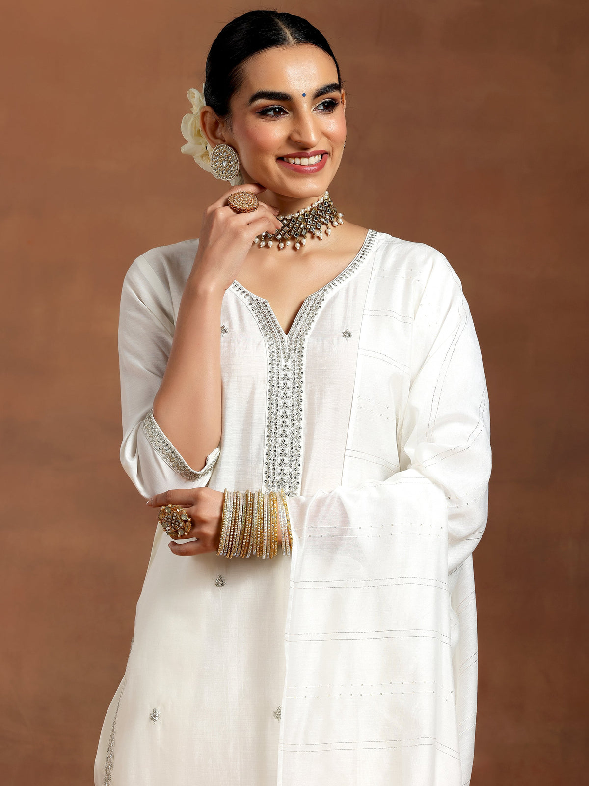 Gerua White Embroidered Silk Blend Straight Suit With Dupatta