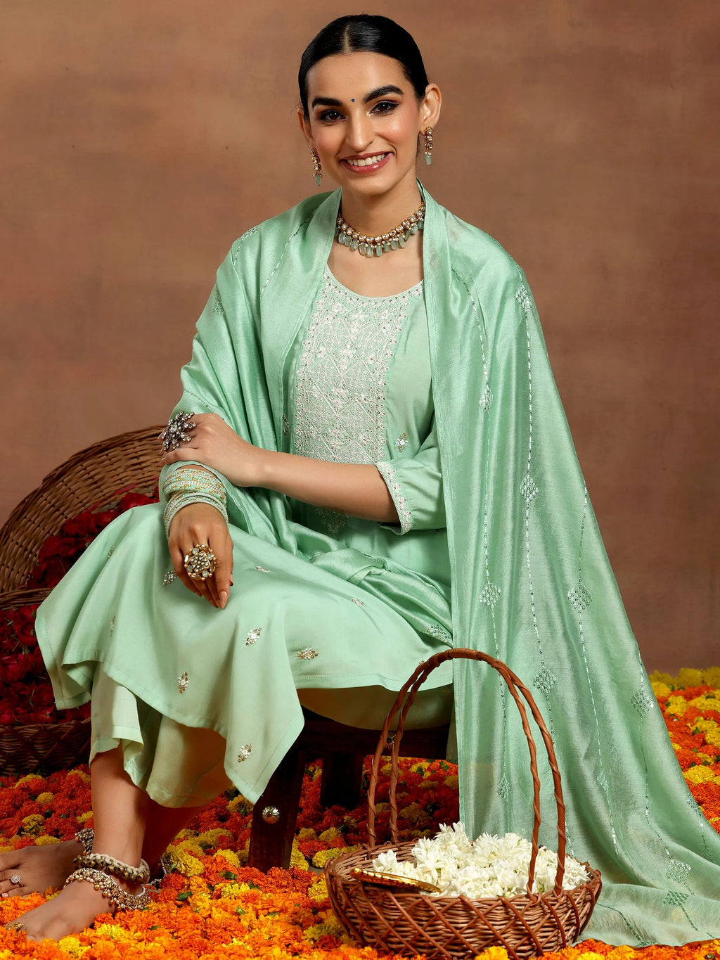 Gerua Green Embroidered Silk Blend Straight Suit With Dupatta