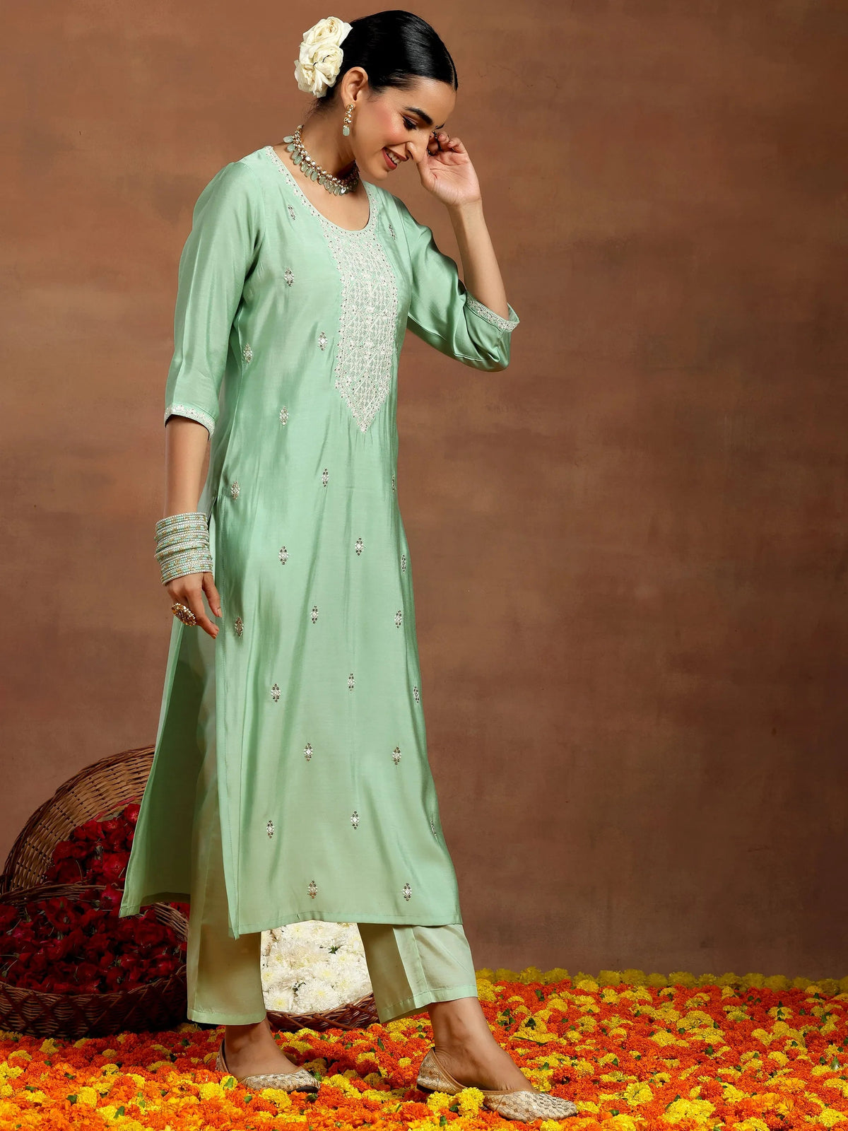 Gerua Green Embroidered Silk Blend Straight Suit With Dupatta