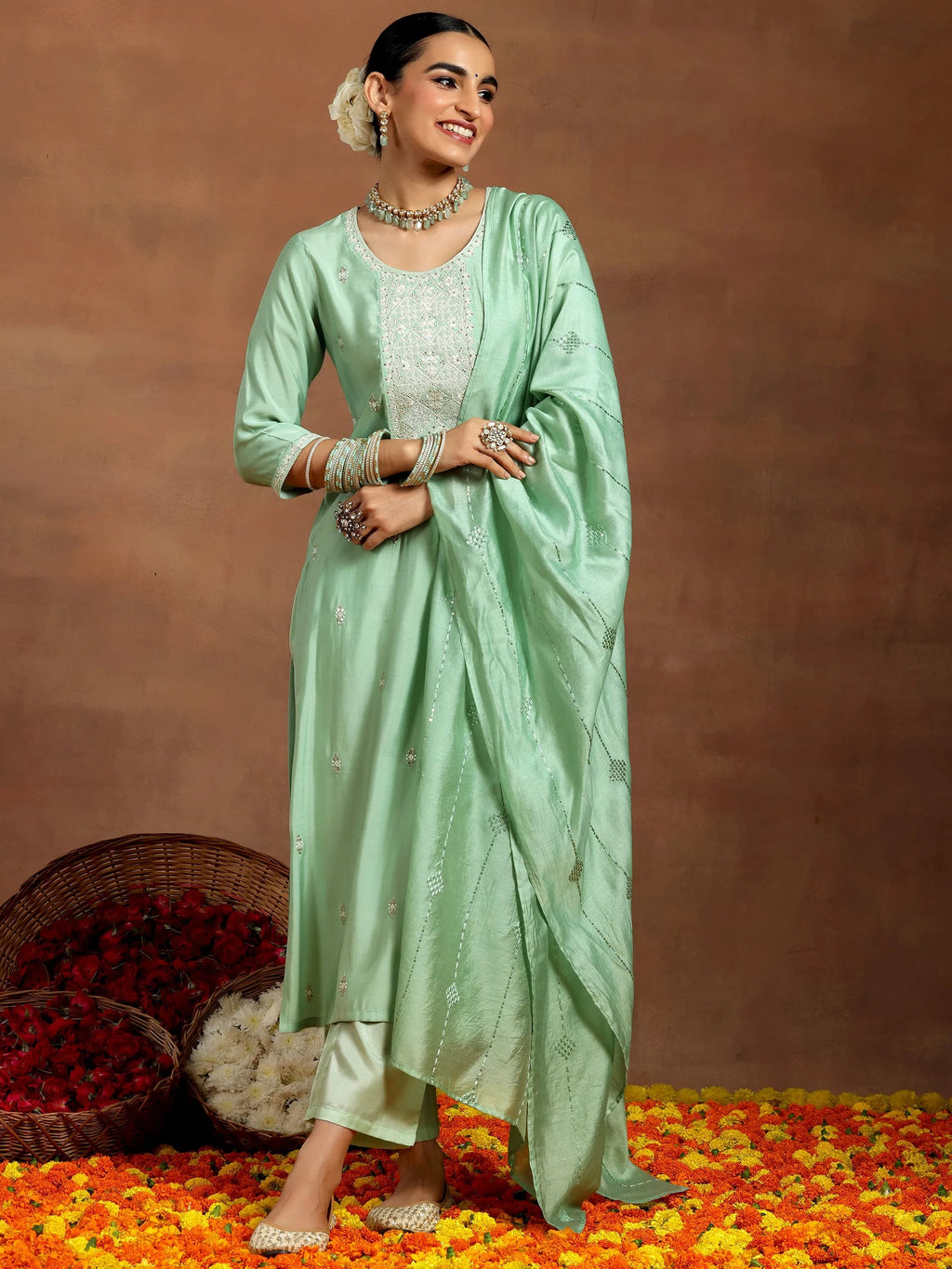 Gerua Green Embroidered Silk Blend Straight Suit With Dupatta