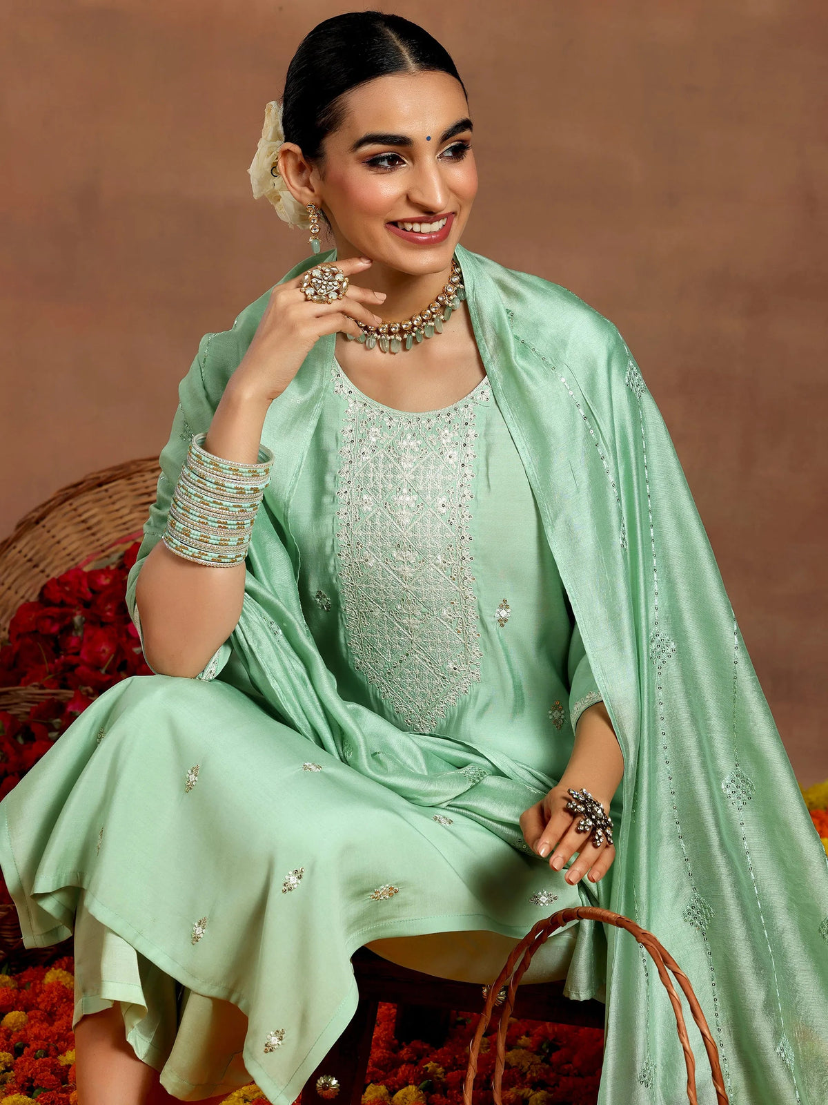 Gerua Green Embroidered Silk Blend Straight Suit With Dupatta