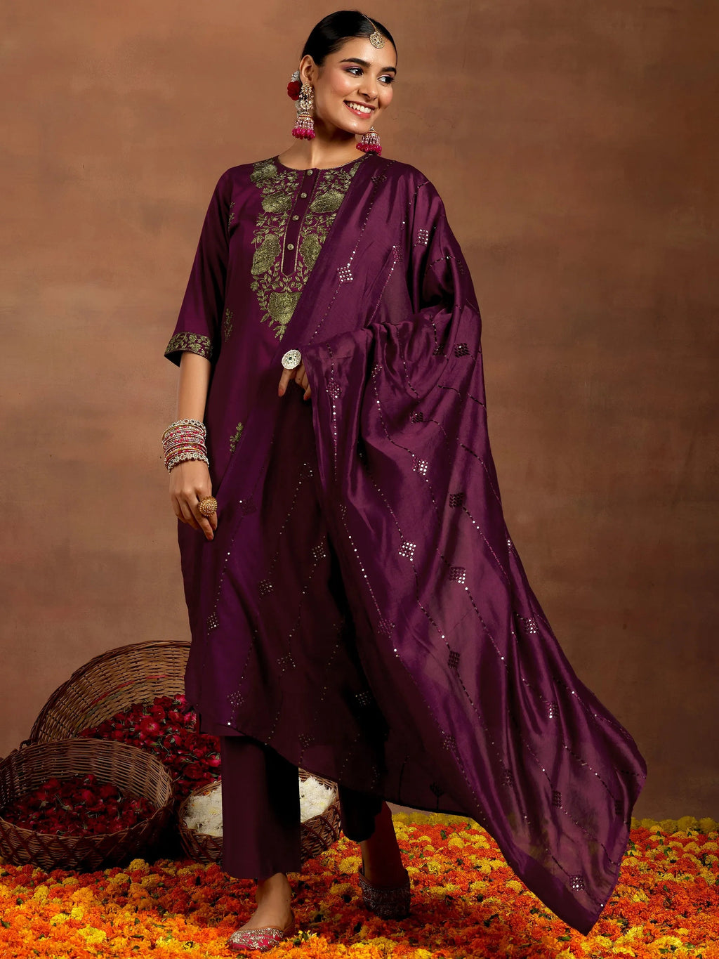 Gerua Burgundy Yoke Design Silk Blend Straight Suit With Dupatta