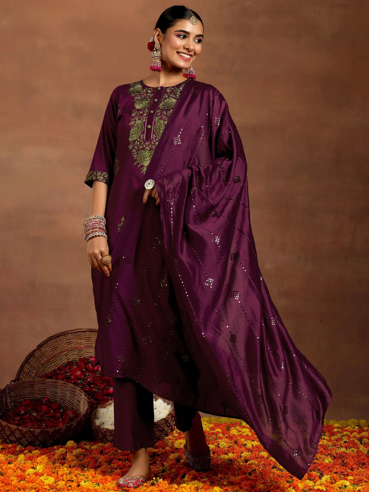 Gerua Burgundy Yoke Design Silk Blend Straight Suit With Dupatta