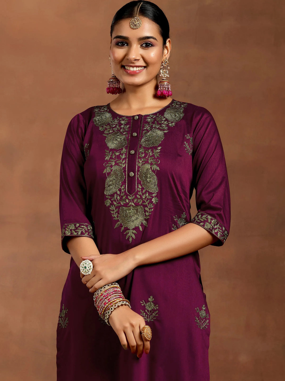 Gerua Burgundy Yoke Design Silk Blend Straight Suit With Dupatta
