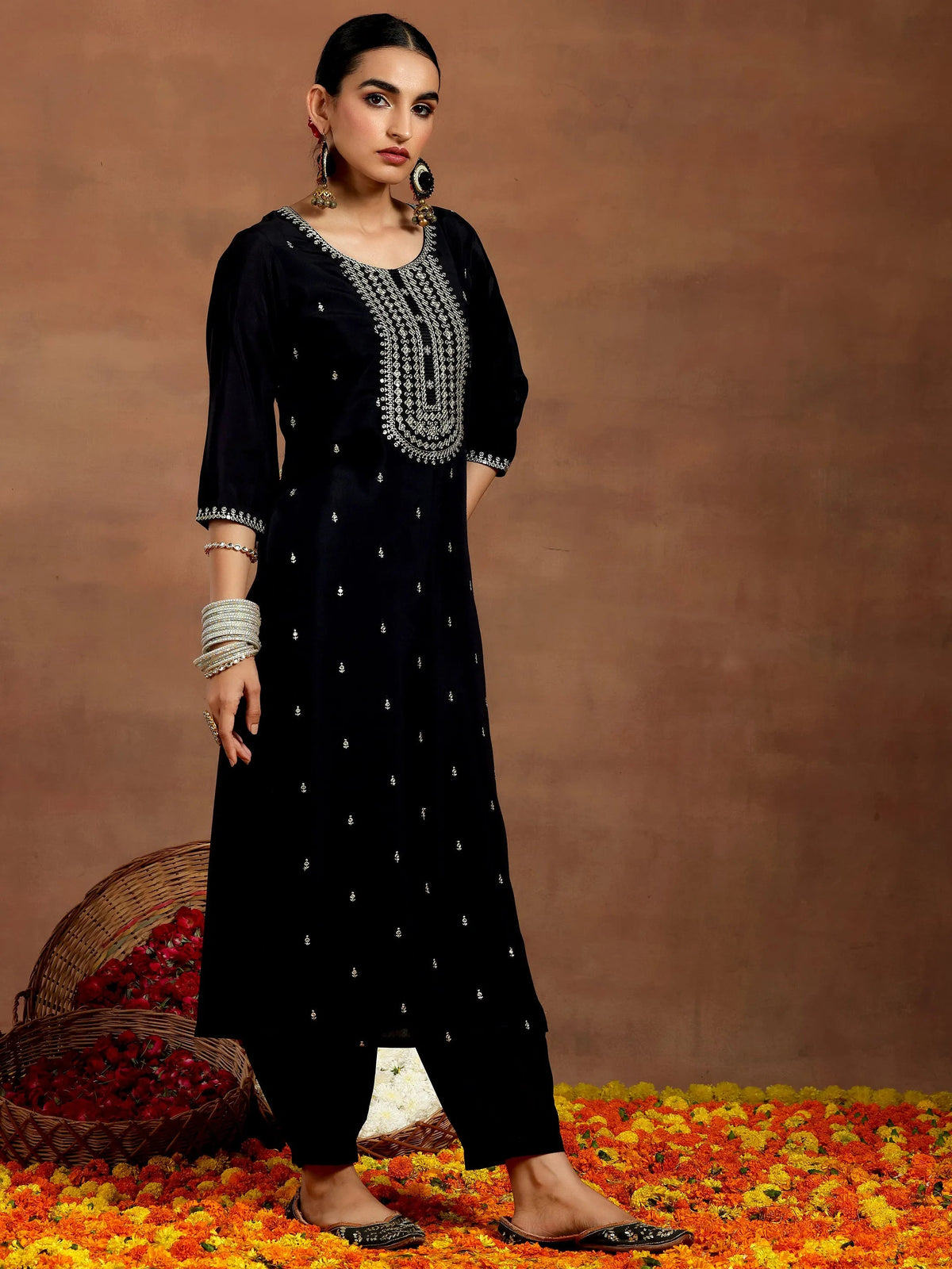 Gerua Black Embroidered Silk Blend Straight Suit With Dupatta