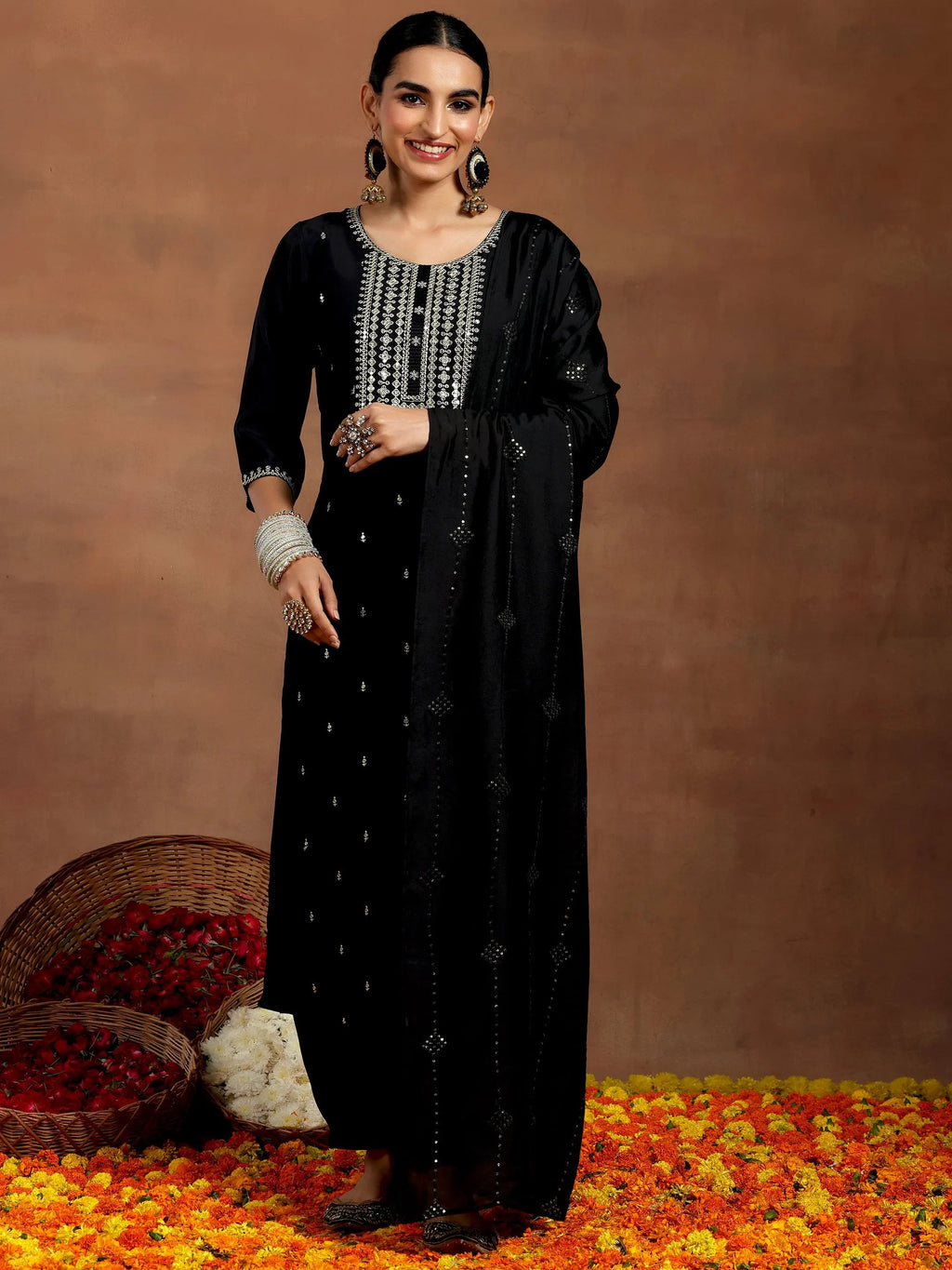 Gerua Black Embroidered Silk Blend Straight Suit With Dupatta