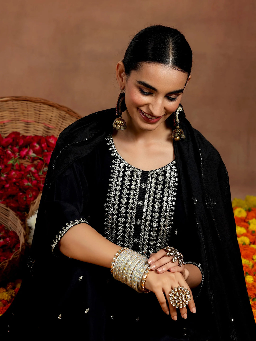 Gerua Black Embroidered Silk Blend Straight Suit With Dupatta