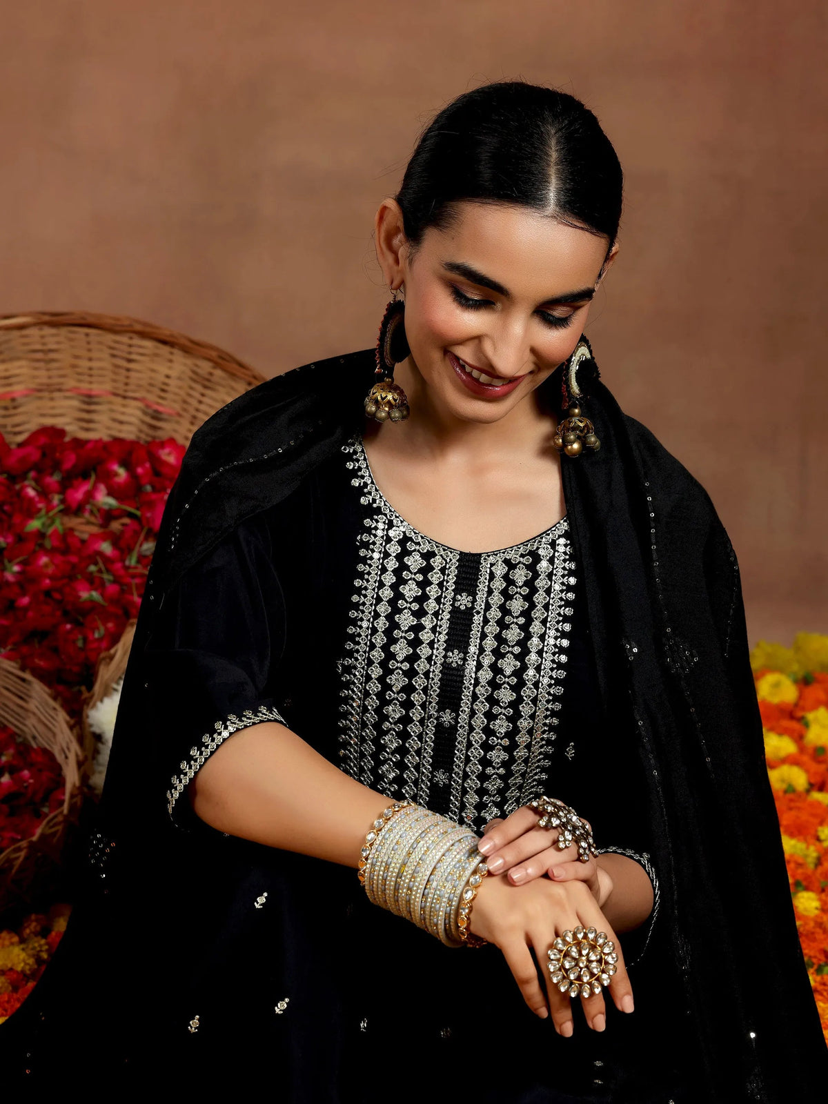 Gerua Black Embroidered Silk Blend Straight Suit With Dupatta