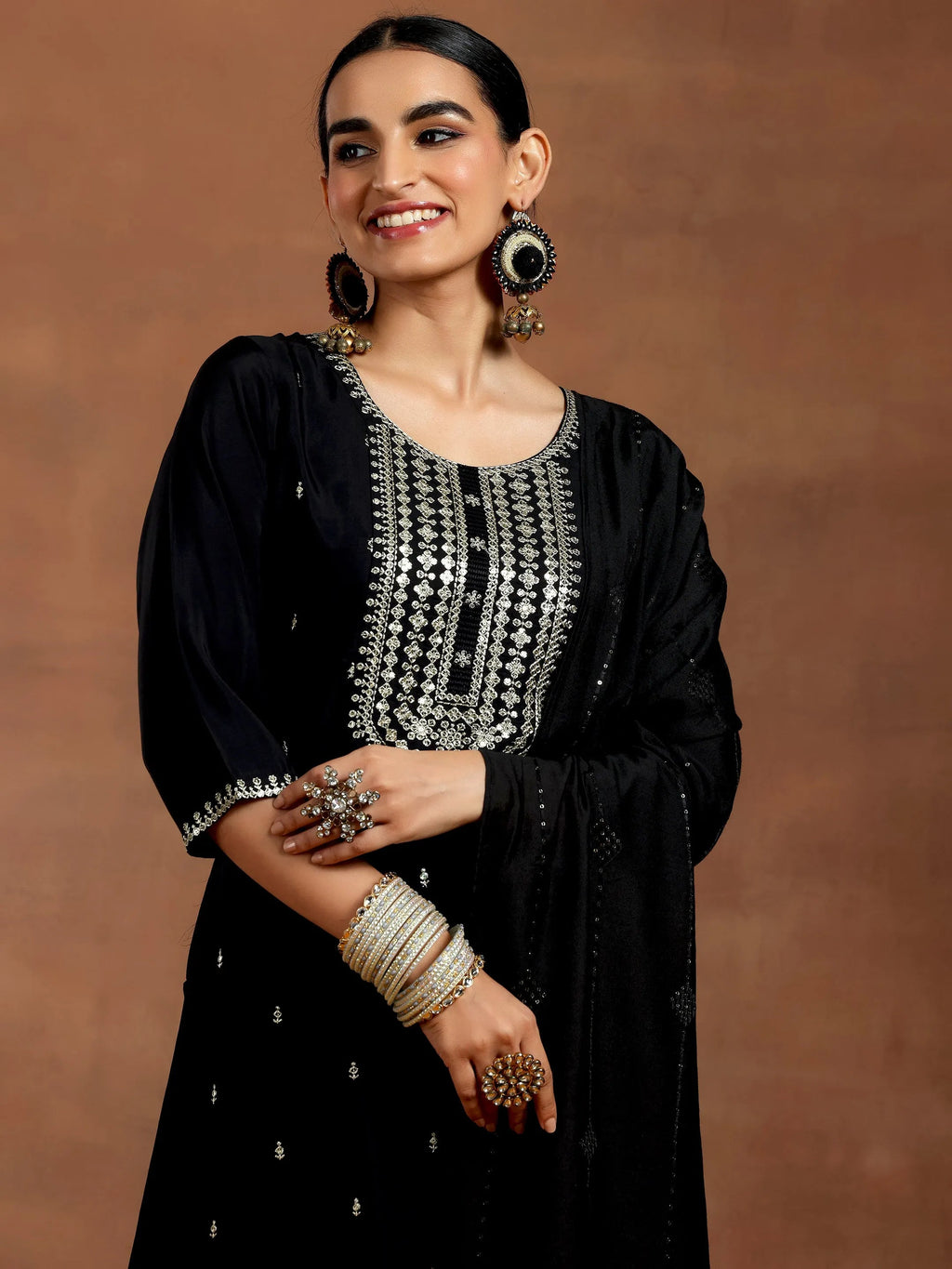 Gerua Black Embroidered Silk Blend Straight Suit With Dupatta