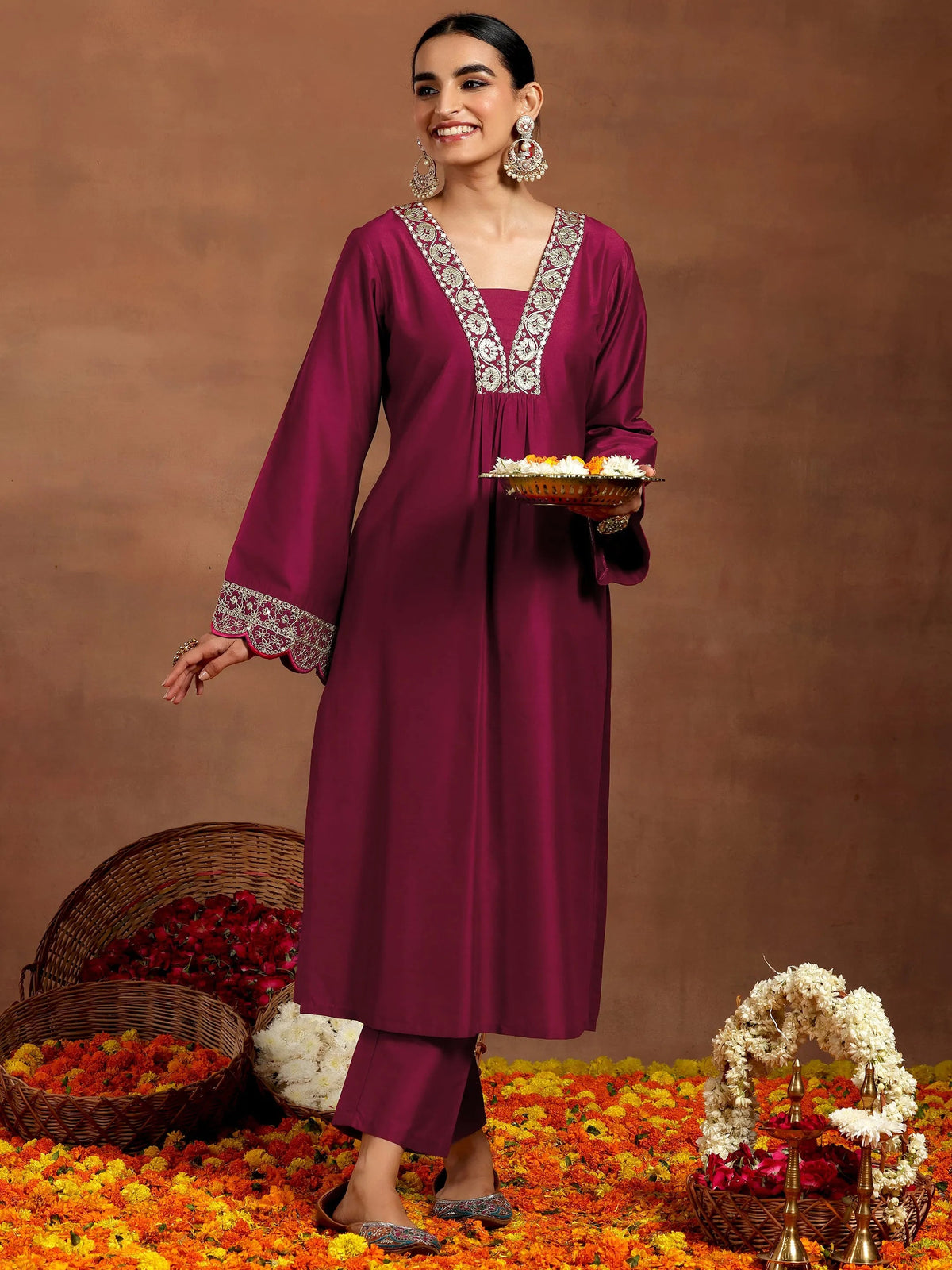 Gerua Maroon Yoke Design Silk Blend Straight Kurta Set