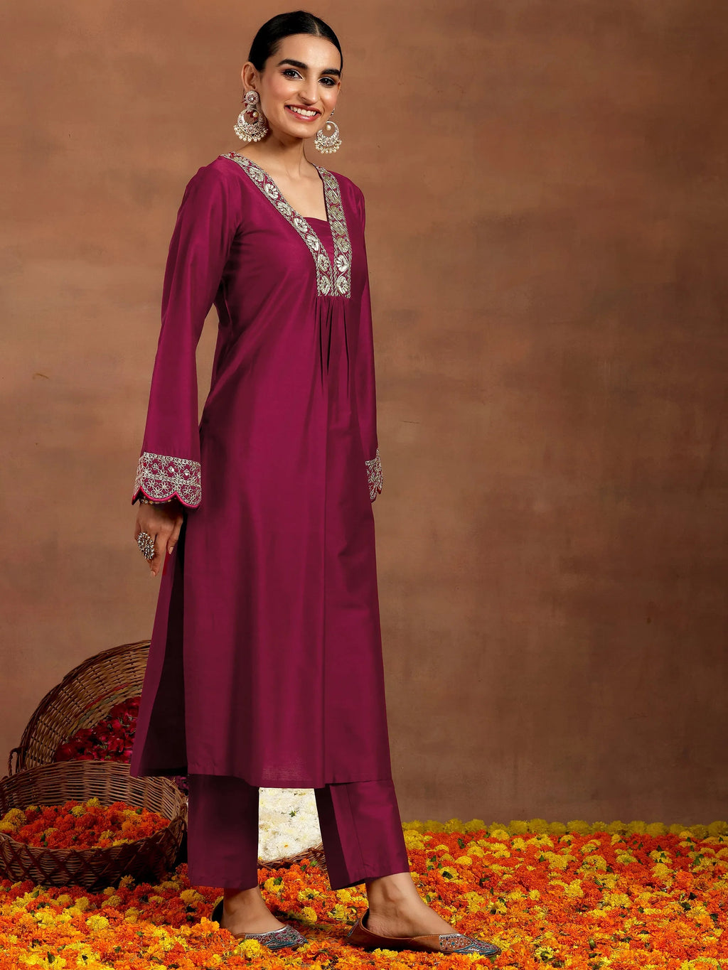 Gerua Maroon Yoke Design Silk Blend Straight Kurta Set