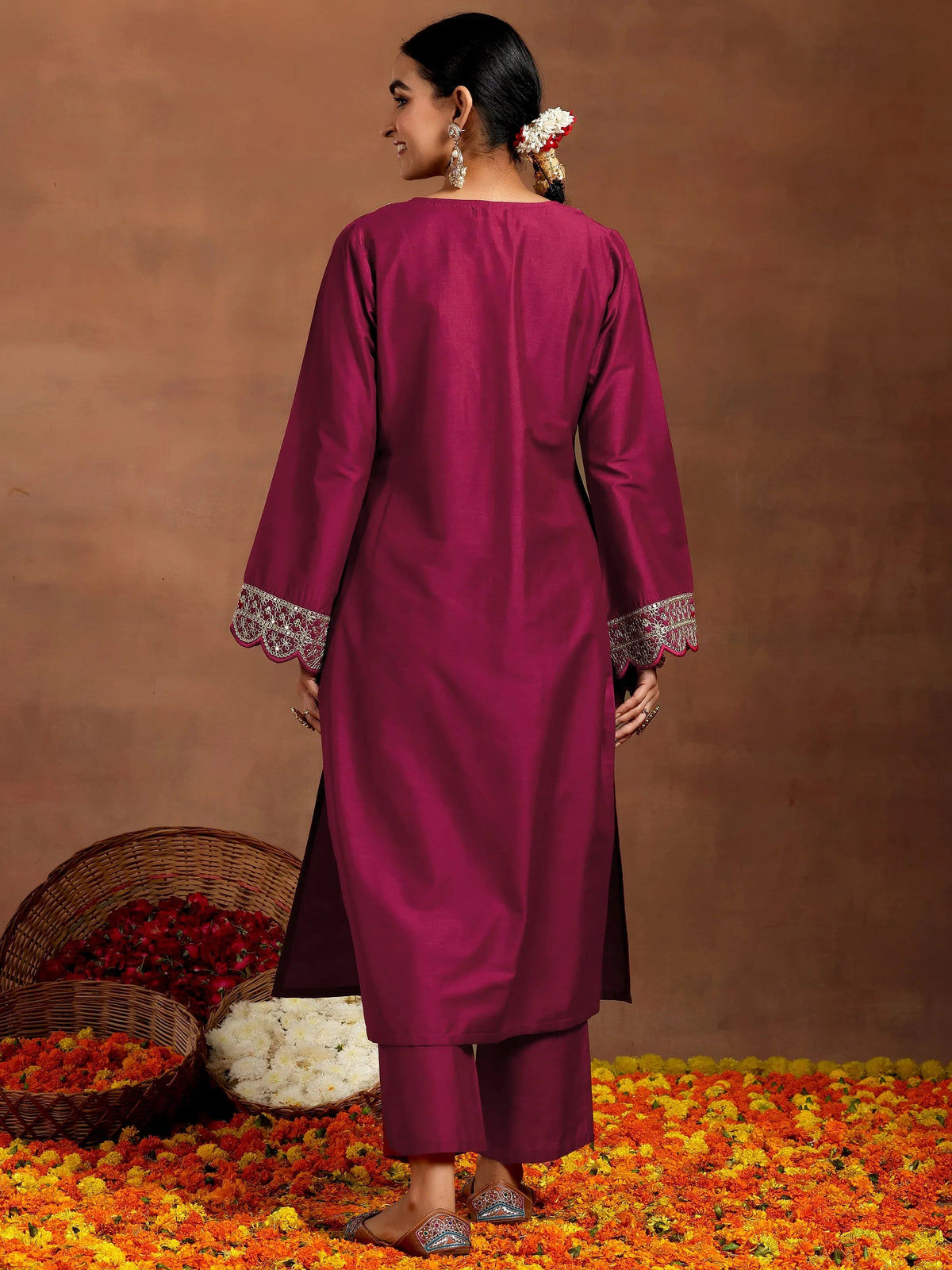 Gerua Maroon Yoke Design Silk Blend Straight Kurta Set